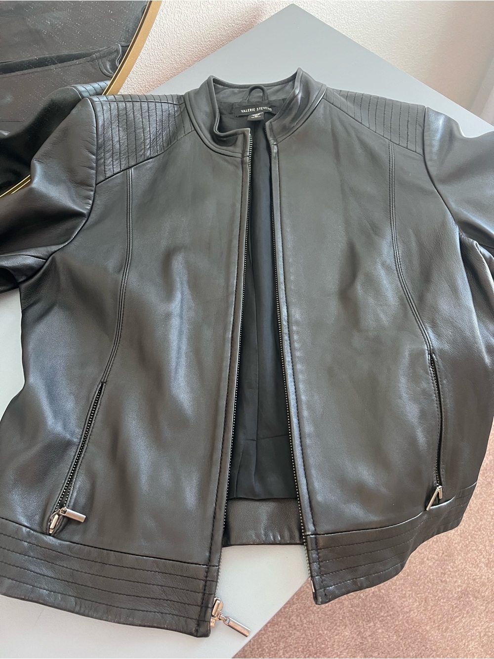 Valerie Stevens Black Quilted-Shoulder Leather Jacket